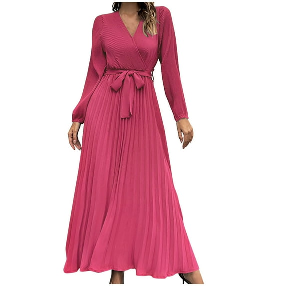 AKAFMK Dresses for Women 2024 Casual Slim Pleated Belted Long-Sleeve V-Neck A-Line Solid Color Dress Party Maxi Dresses Hot Pink