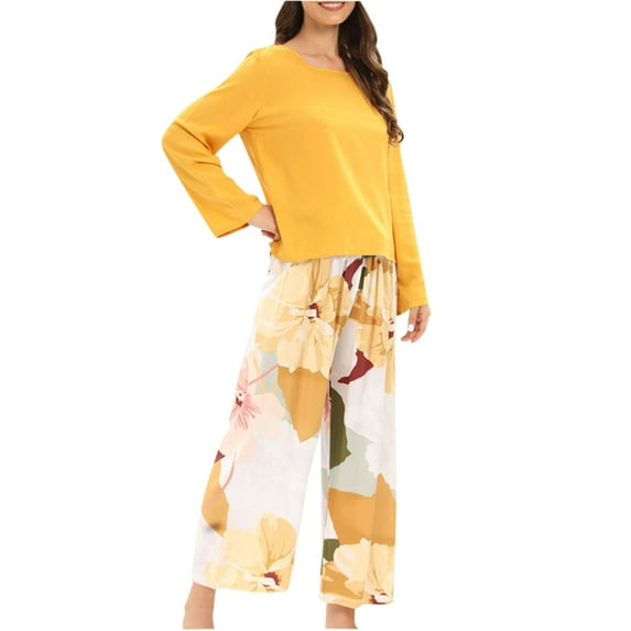 AKAFMK FY24 Sleepwear for Women Pajama Set,Women's Round- Neck Pajamas Long Sleeve Household Sets