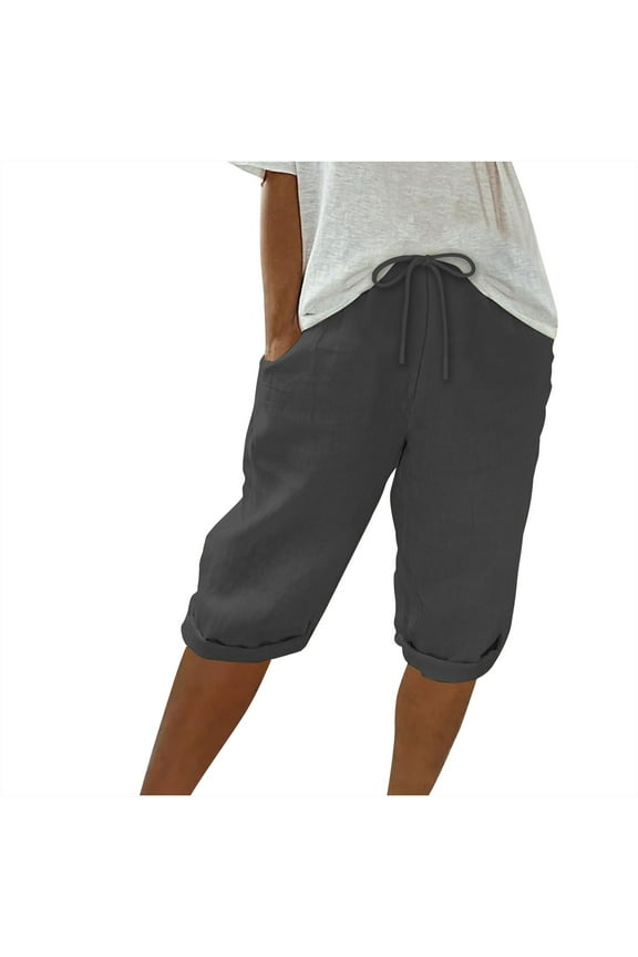 Linen Shorts for Women Knee Length Bermuda Shorts Drawstring Elastic Waist Summer Casual Gym Shorts with Pockets