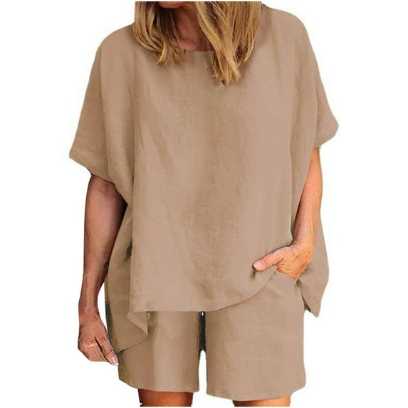 AKAFMK Lounge Sets for Women,Summer Outfits Women Trendy,Women Casual Summer Round Neck Short Sleeve Tops And Shorts Two Pieces Set Suit