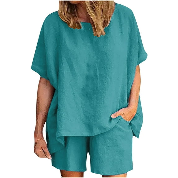 AKAFMK Lounge Sets for Women,Summer Outfits Women Trendy,Women Casual Summer Round Neck Short Sleeve Tops And Shorts Two Pieces Set Suit