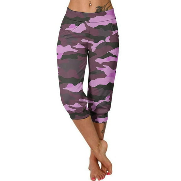 AKAFMK Plus Size Capris for Women,Women's Yoga Capris Pants Camouflage Print Loose Soft Workout Pants Outdoor Sports Casual Pants With Pockets