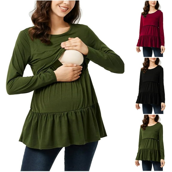 AKAFMK Summer Maternity Clothes,Long Sleeve Maternity Tops,Nursing Maternity Top,Ladies Fashion Solid Color Print Flounce Long Sleeve Pregnant Woman Breastfeeding Casual Top