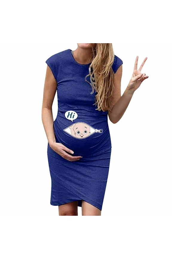 Summer Maternity Clothes,Maternity Dresses,Women's Pregnant Dress Sleeveless Medium And Long Printed Round Neck Pregnant Dress