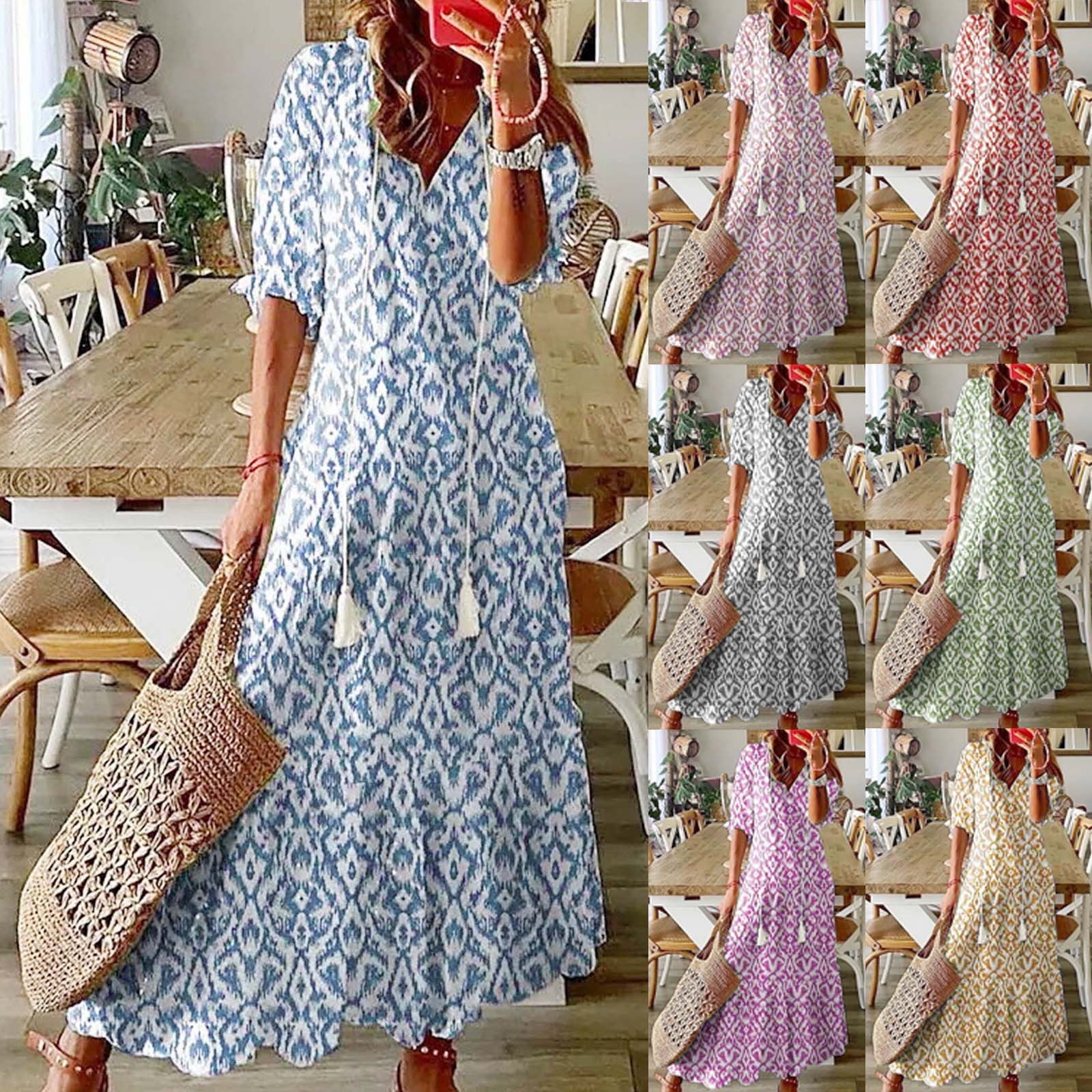 Summer Maternity Clothes,Short Sleeves Maternity Dresses,Fashionable Women's Casual Spring/summer V-neck Short Sleeved Printed Dress Blue L