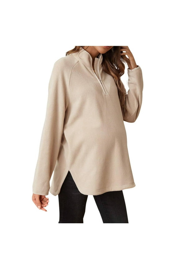 Winter Maternity Clothes,Long Sleeve Maternity Tops,Nursing Maternity Shirts,Pregnant Standing Collar Casual Solid Color Zipper Loose Plus Size Top