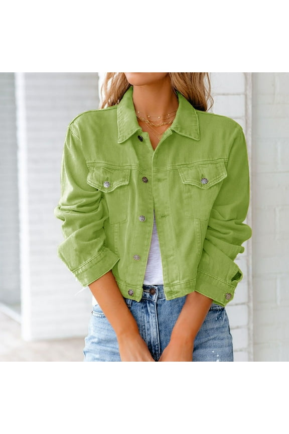 Women Short Denim Jacket,Womens Summer Fashion Tops 2024,Women Casual Pockets Long Sleeve Tops Jacket Denim Outwear Green XXL