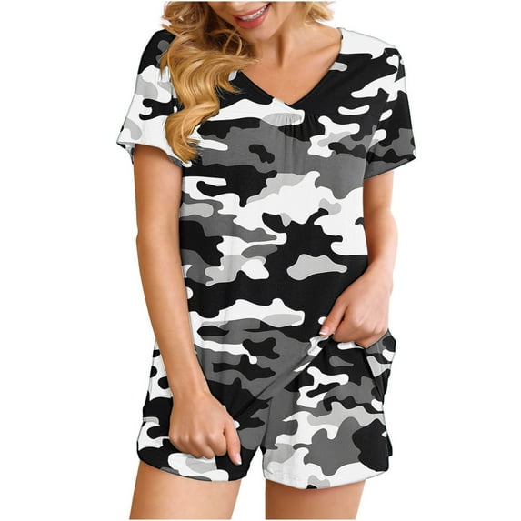 AKAFMK Women's 2 Piece Pajama Sets Camouflage Print Short Sleeve Loungewear Sets Soft Round Neck Top and Shorts Sleepwear