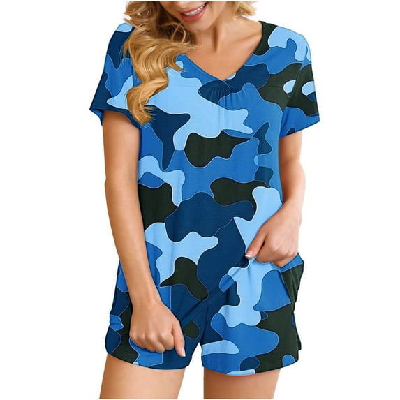 AKAFMK Women's 2 Piece Pajama Sets Camouflage Print Short Sleeve Loungewear Sets Soft Round Neck Top and Shorts Sleepwear