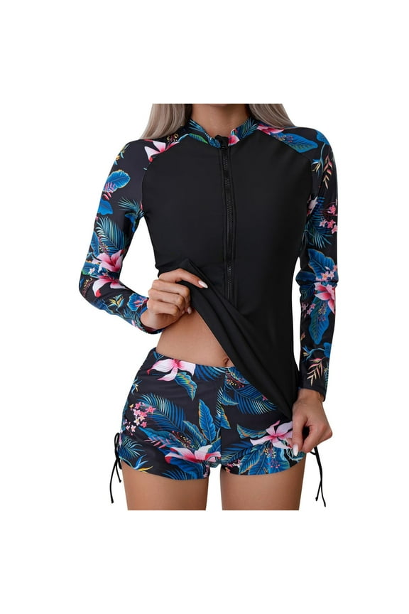 Women's Long Sleeve Rashguard Swimsuit with Boy Shorts, Two-Piece Set, Size M