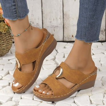 AKAFMK Women's Sandals and SlidesWomen's Spring And Summer New Large Size Wedge Slippers Beach Metal Buckle Wedge Sandals Fashion Casual Beach Sandals