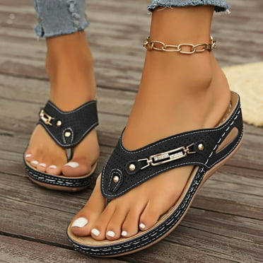 AKAFMK Women's Sandals and Flip Flops,Women's Spring And Summer New Large Size Sandals Beach Metal Button Wedge Fashion Casual Sandals