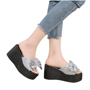 AKAFMK Women's Sandals and Slides,Thick Bottom Bow Tie Sequin Sloping Heel Women's Shoes With Breathable Beach Slippers