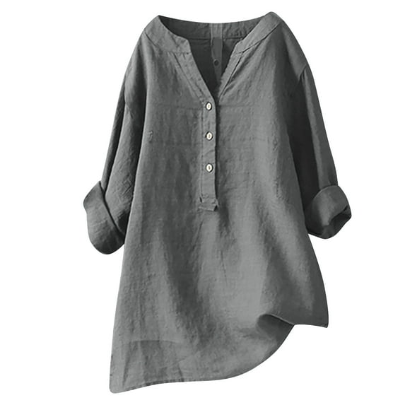 AKAFMK Womens Cotton Linen Shirts Plus Size Button Up Casual Blouses 2024 Summer V Neck 3/4 Sleeve Tops Loose Fitting Tunic