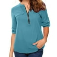 thumbnail image 1 of AKAFMK Womens Summer Fashion 2024,Womens Tops Zip Front V-Neck 3/4 Sleeve Tunic Shirts for Women Solid Tee Casual Loose Blouse Summer Savings Clearance Light Blue, 1 of 5