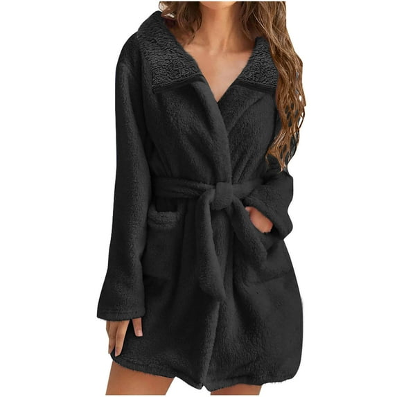 AKAFMK Womens Robes Clearance Sale,Robes for Women Bathrobe Fuzzy,Women's Double-Sided Thick Nightgown Fall And Winter Flip Collar Long Sleeved Solid Color Pocket Can Be Worn As A Home Nightgown
