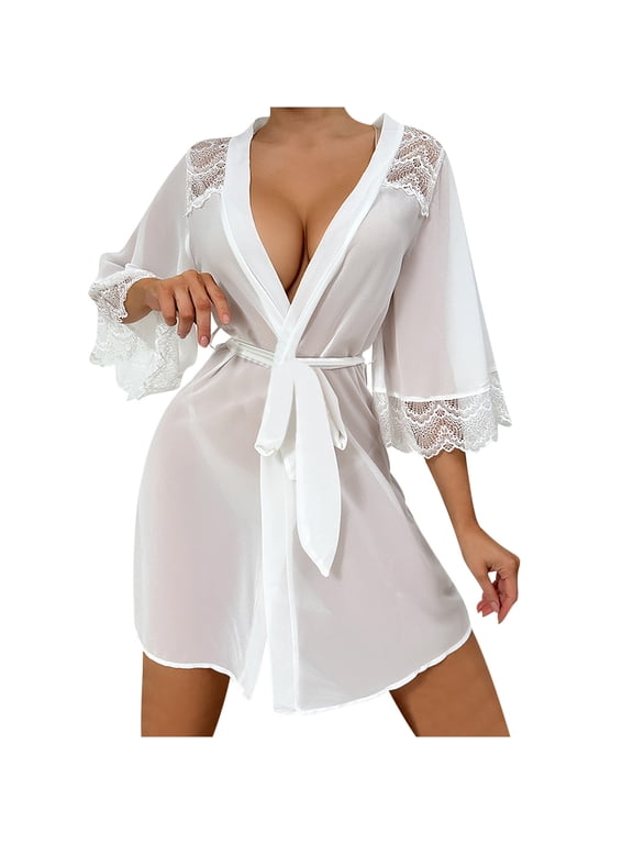 Womens Robes,Silk Robes for Women,Women's Sexy Sleepwear Chiffon Lace Patchwork Transparent Nightgown Tempting Women's Cardigan Outer Robe