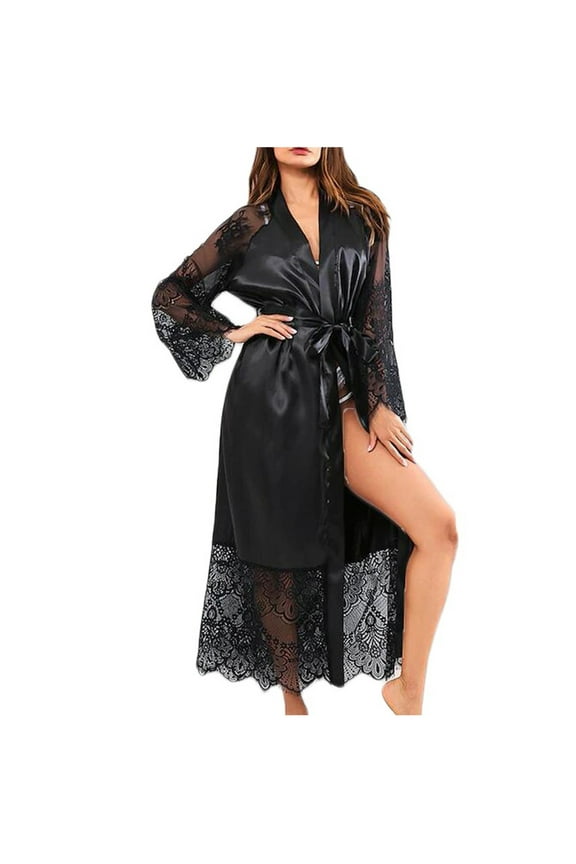 Womens Robes Sale,Silk Robes for Women,Women Silk Lace Satin Long Robe Bathrobe Sleepwear Belt Pajamas