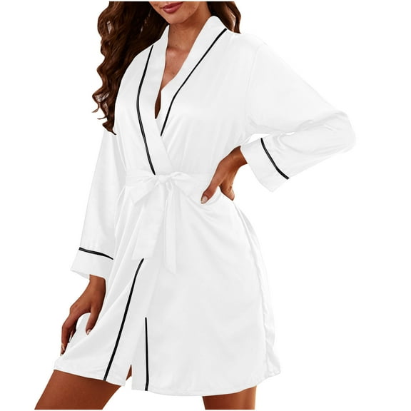 AKAFMK Womens Robes Clearance Sale,Silk Robes for Women,Women's Collar Medium Long Simulated Silk Home Solid Color Lace Up Nightgown