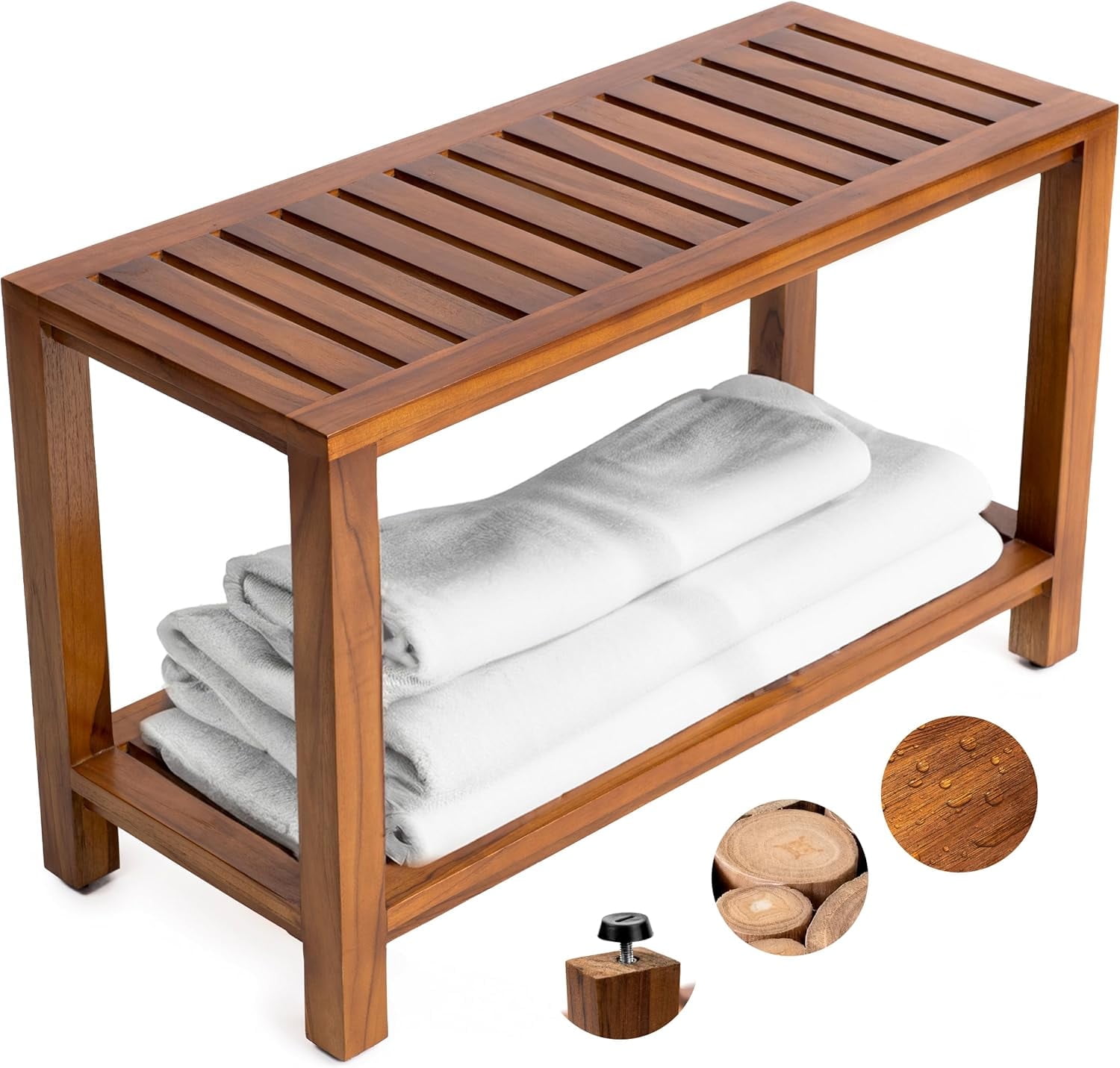 Natural Teak Wood Spa Bench with Shelf and Non-Slip Feet