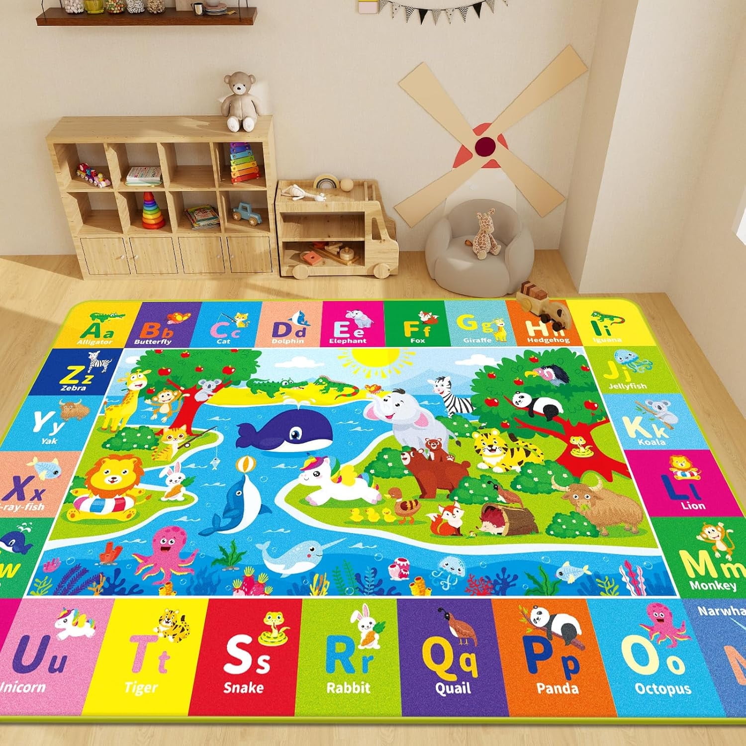 AKASISRUG ABC Kids Rug, Kids Play Mat,Preschool Rugs with Animals, Foldable Floor Mat,59" X 39.4"