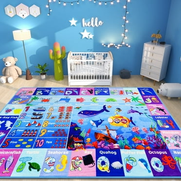 AKASISRUG ABC Kids Rug for Playroom 47"×31.5" Ocean Rug Baby Play Mat Alphabet Rug Sea Animal Number Shape Classroom Rug Kids Playroom Rug Early Learning Carpet for Preschool Toddlers