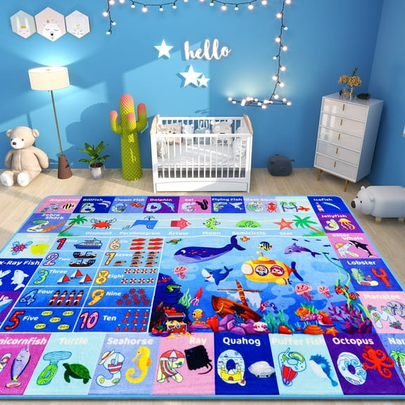 AKASISRUG ABC Kids Rug for Playroom 59"×39.4" Ocean Rug Baby Play Mat Alphabet Rug Sea Animal Number Shape Classroom Rug Kids Playroom Rug Early Learning Carpet for Preschool Toddlers