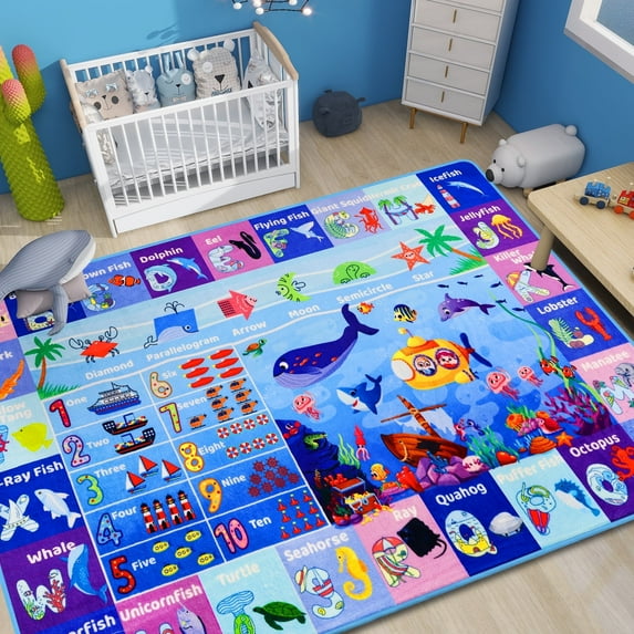 AKASISRUG ABC Kids Rug Plush for Playroom 78.7"×118" Extra Large Ocean Rug Baby Play Mat Alphabet Rug Sea Animal Number Shape Classroom Rug Kids Playroom Rug Early Learning Carpet for Preschool