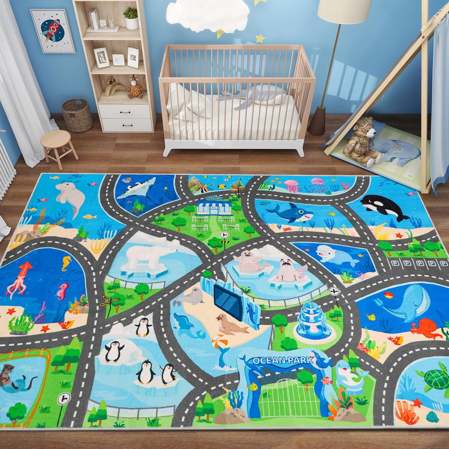 AKASISRUG Car Rugs for Kids Toy Cars, Non Slip Marine Animal Road Rug ...