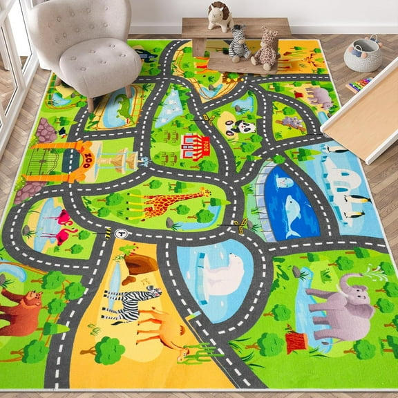 AKASISRUG Car Rugs for Kids Toy Cars,Non Slip Zoo Road Map Car Track Rug,Washable Kids Carpet Playmat Rug,78.7"X59"