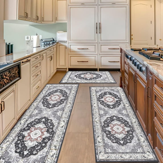AKASISRUG Kitchen Rugs Sets of 3,Non Skid Washable Kitchen Rugs and Mats,Grey