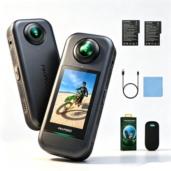 AKASO 360 Action Camera, 5.7K 360 Video with 1/2" 48MP Sensors, 72MP 360 Photo, 360-SuperSmooth, Invisible Selfie Stick Effect, 360° Horizon Lock, AI Tracking Standard Combo