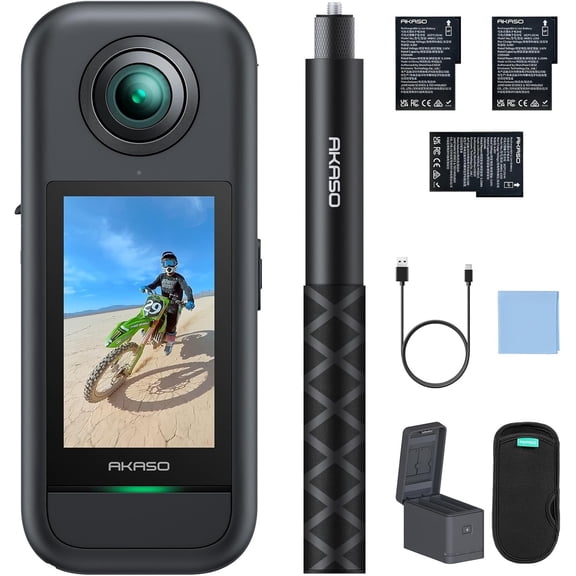 AKASO 360° Action Camera Creator Combo,5.7K 360 Video with 1/2" 48MP Sensors,72MP 360 Photo, 360-SuperSmooth,Touchscreen, Invisible Selfie Stick, 360° Horizon Lock, AI Tracking