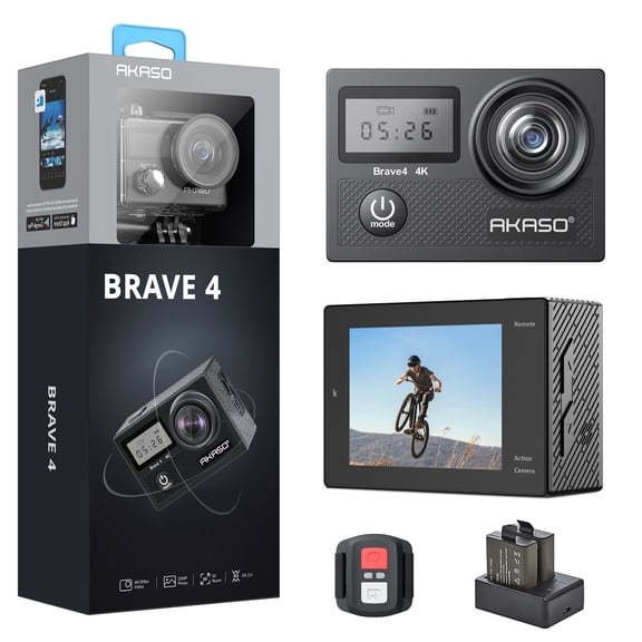 AKASO Brave 4 Action Camera, 4K 30fps Ultra Hd Video 20MP Wifi Sport Camera,131ft Underwater Camera with EIS, 5XZoom, 2X Batteries and Helmet Accessories Kit