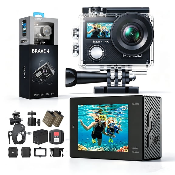 AKASO Brave 4 Action Camera 4K 30fps Ultra HH Video 20MP Photo EIS WiFi 131FT Waterproof Underwater Camera, Helmet Accessories Kit