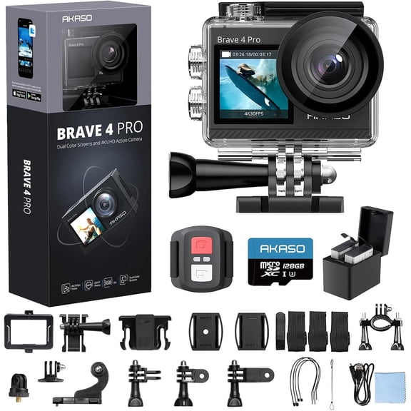 AKASO Brave 4 Pro 4K30 Action Camera with 128GB Card, 131FT Underwater Waterproof Camera EIS Touch Screen Remote Control Helmet Accessories Kit Bundle