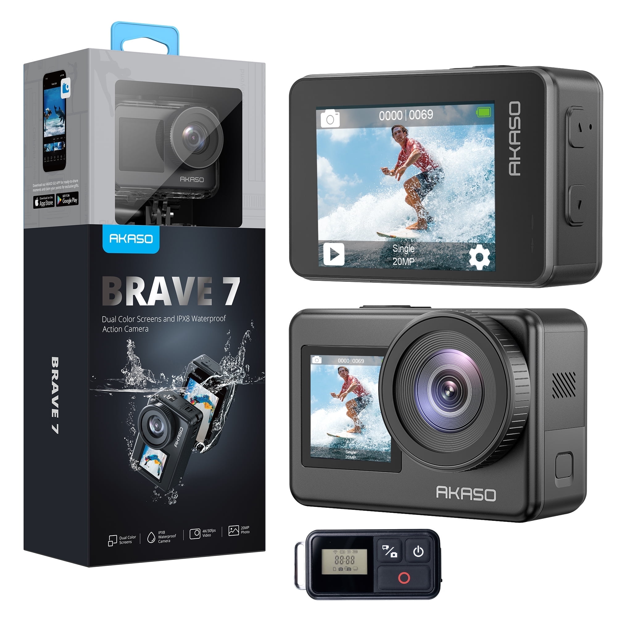 AKASO Brave 7 4K Action Camera,20MP 30FPS Underwater Camera with IPX8/EIS 2.0 Zoom/Support External Mic/Voice Control and 2X 1350mAh Batteries