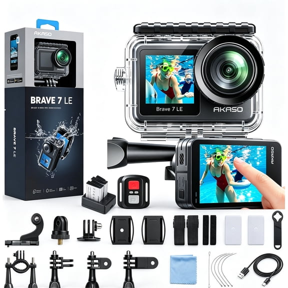 AKASO Brave 7 LE 4K30FPS 20MP WiFi Action Camera with Touch Screen EIS 2.0 Zoom Remote Control 131Feet Waterproof Underwater Camera Dual Color Screens Support External Microphone Vlog Camera