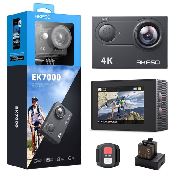 AKASO EK7000 4K30FPS 20MP WiFi Action Camera with EIS Ultra HD 131FT Waterproof Underwater Camera Remote Control 4X Zoom Support External Microphone Black