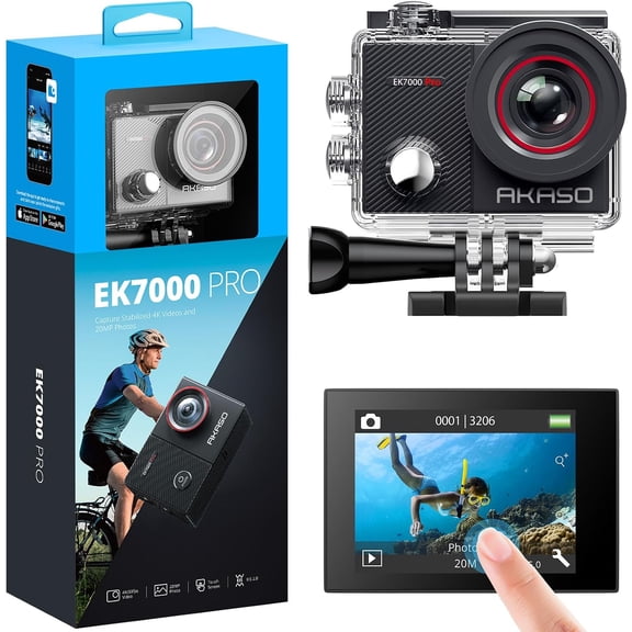 AKASO EK7000 Pro Action Camera 4K30fps Waterproof Camera with Touch Screen Underwater Camera EIS 131FT 170° Wide Angle Remote WiFi 5X Zoom