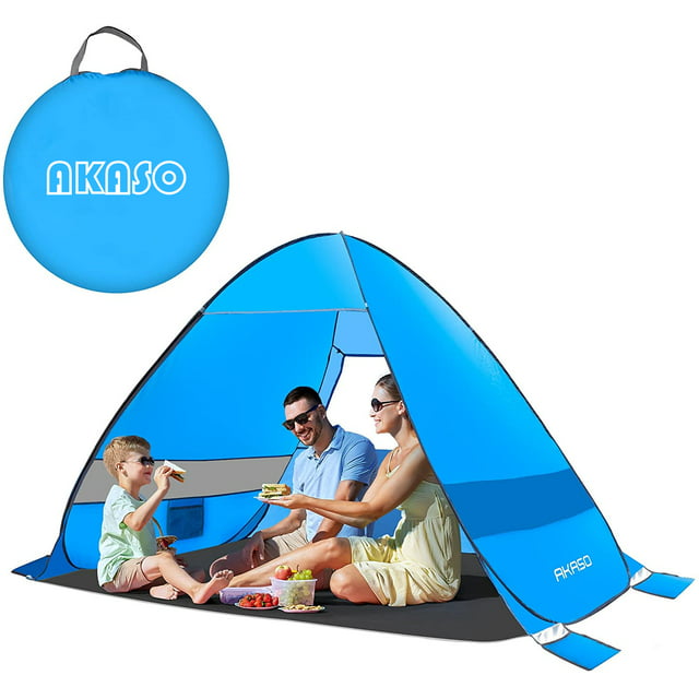 AKASO Pop-Up Beach Tent for 3-4 Person, 7.4' x 4.7' Shade Sun Shelter with UV Protectant Coating