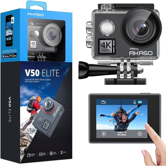 AKASO V50 Elite Action Camera, 4K60fps Touch Screen WiFi Action Camera, Voice Control EIS 131 feet Waterproof Camera 8X Zoom Remote Control