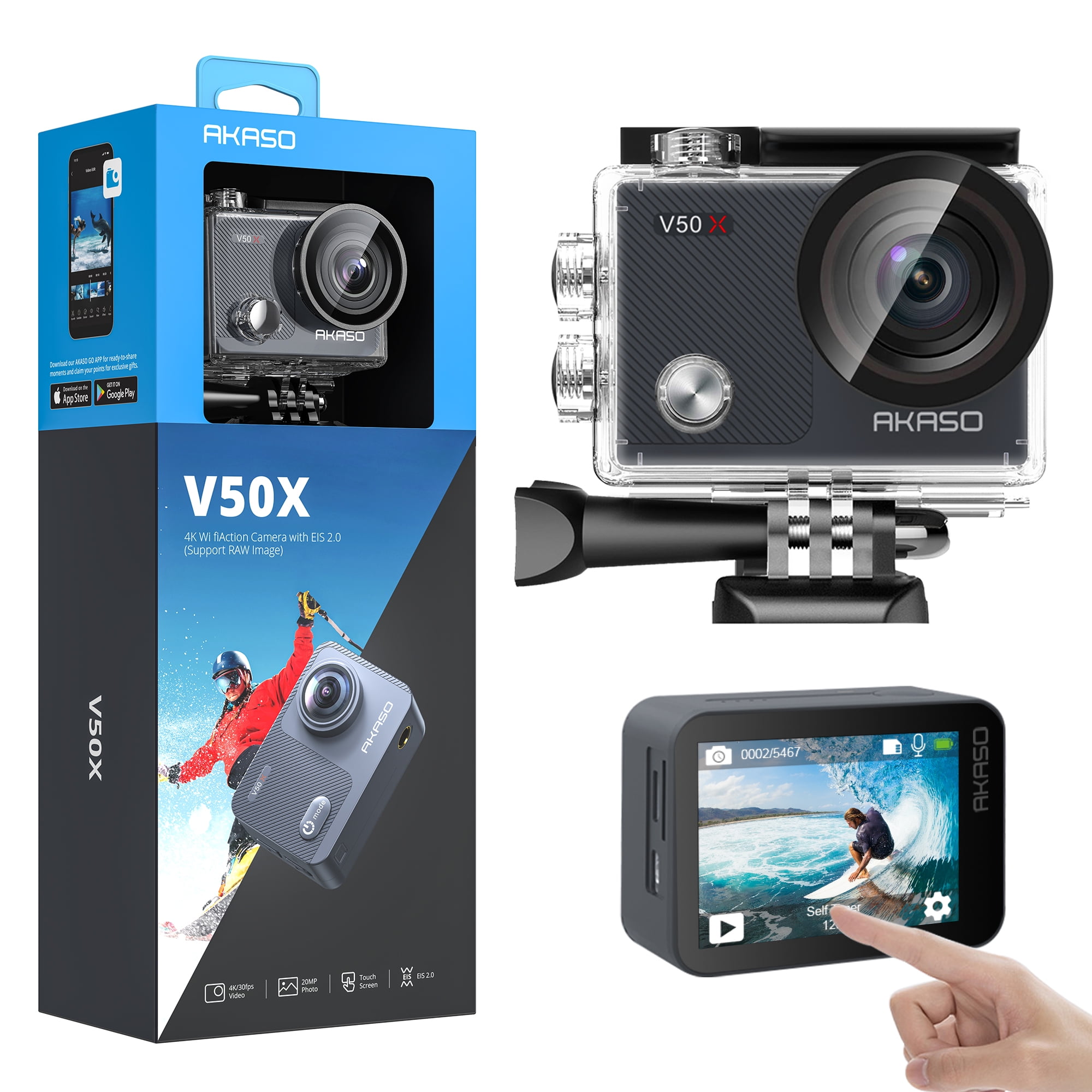 AKASO V50X 4K 30FPS WiFi Action Camera with EIS Touch Screen 4x Zoom Web  Camera 131 feet Waterproof Camera Support External Mic Remote Control  Sports Camera with Helmet Accessories Kit 