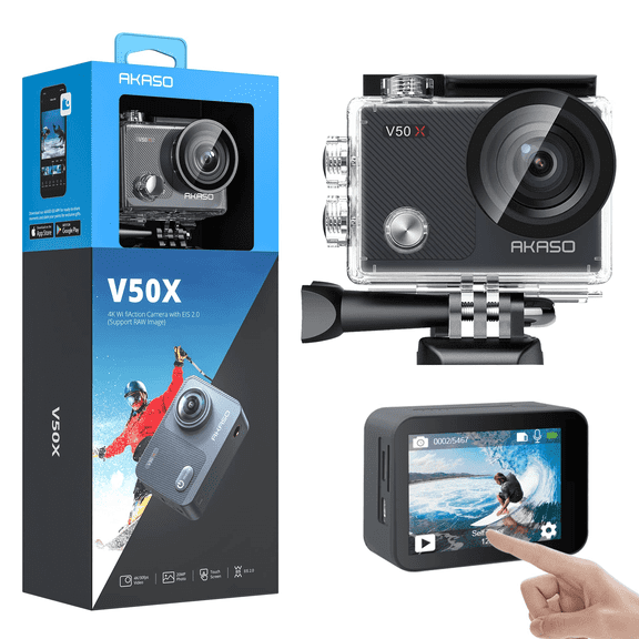 AKASO V50X 4K30fps WiFi Action Camera with EIS Touch Screen 4x Zoom Web Camera 131 feet Waterproof Camera Support External Mic Remote Control Sports Camera with Helmet Accessories Kit
