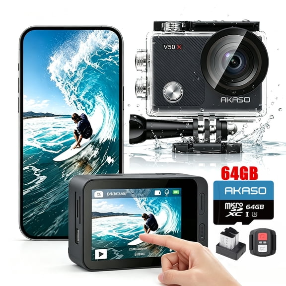 AKASO V50X Native 4K30fps WiFi Action Camera with 64GB Card, EIS Touch Screen 4X Zoom 131 feet Undearwater Waterproof Camera Support External Mic Remote Control