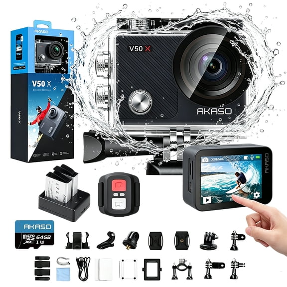 AKASO V50X Native 4K30fps WiFi Action Camera with 64GB Card, EIS Touch Screen 4X Zoom 131 feet Undearwater Waterproof Camera Support External Mic Remote Control