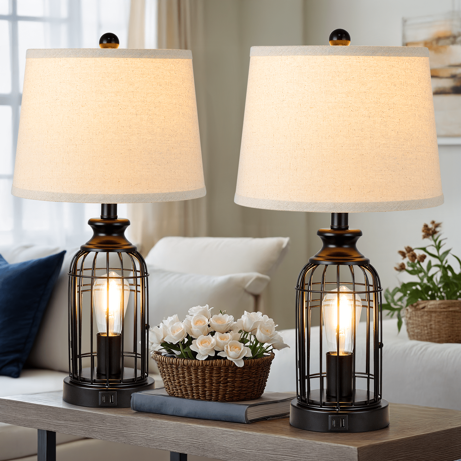 AKASUKI Black Table Lamps Set of 2 with Nightlight, 23'' Touch Metal Lamp for Nightstand, Bedrooms, Living Rooms with Charging Port, 3 Way Dimmable (Included 4 LED Bulbs)