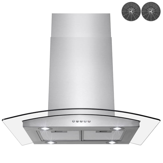 AKDY 30" Stainless Steel Island Mount Range Hood Tempered Glass Push Button Control Kitchen Cooking Fan with Carbon Filters