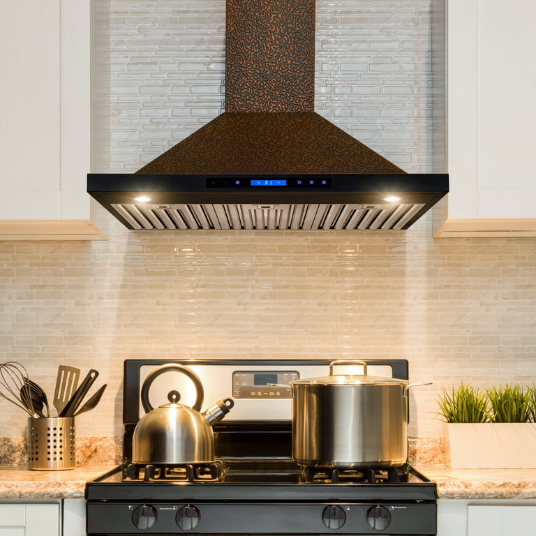 Hauslane | Chef Series Range Hood: 30 WM-739 Wall Mount Kitchen Fan |  Contemporary Stainless Steel T Style Hood with Black Glass Panel | 3 Speed