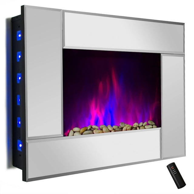 AKDY FP0050 36" 1500W Wall Mount Electric Fireplace Heater with Tempered Glass, Pebbles, Logs and Remote Control, Mirror